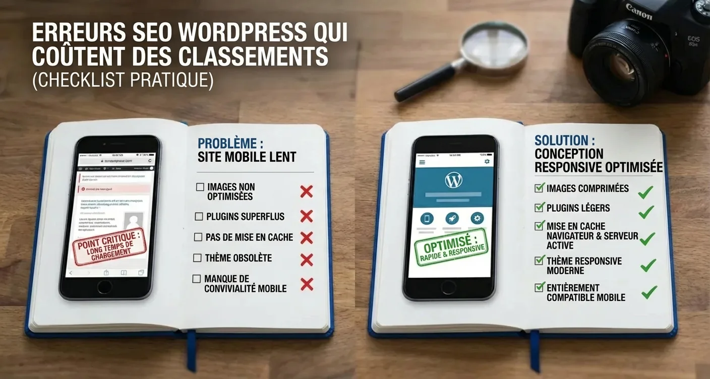 Comparaison d'erreurs SEO WordPress: vitesse mobile, design réactif. Checklist pratique pour améliorer votre positionnement pro.