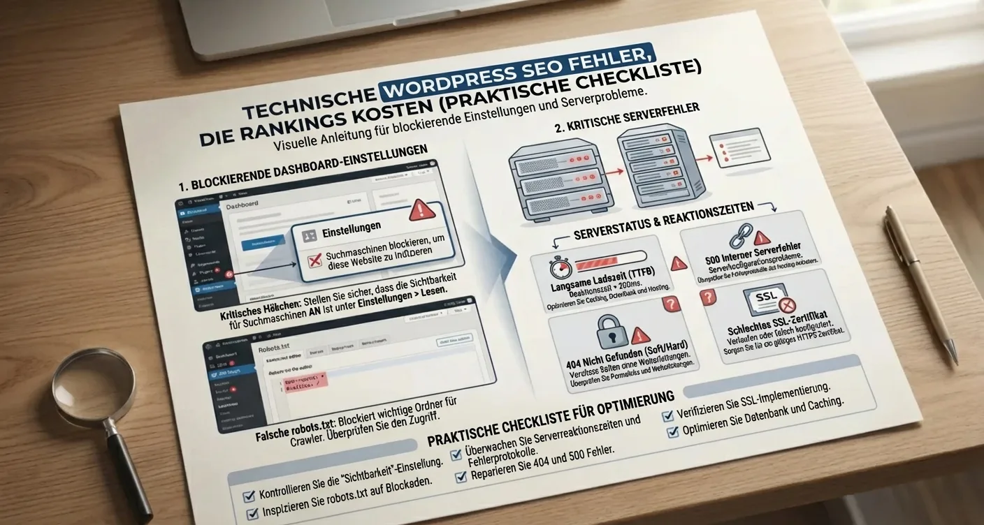 Infografik: Technische WordPress SEO Fehler beheben & Rankingverluste vermeiden. Praktische Checkliste für Dashboard-Einstellungen & Serverfehler.