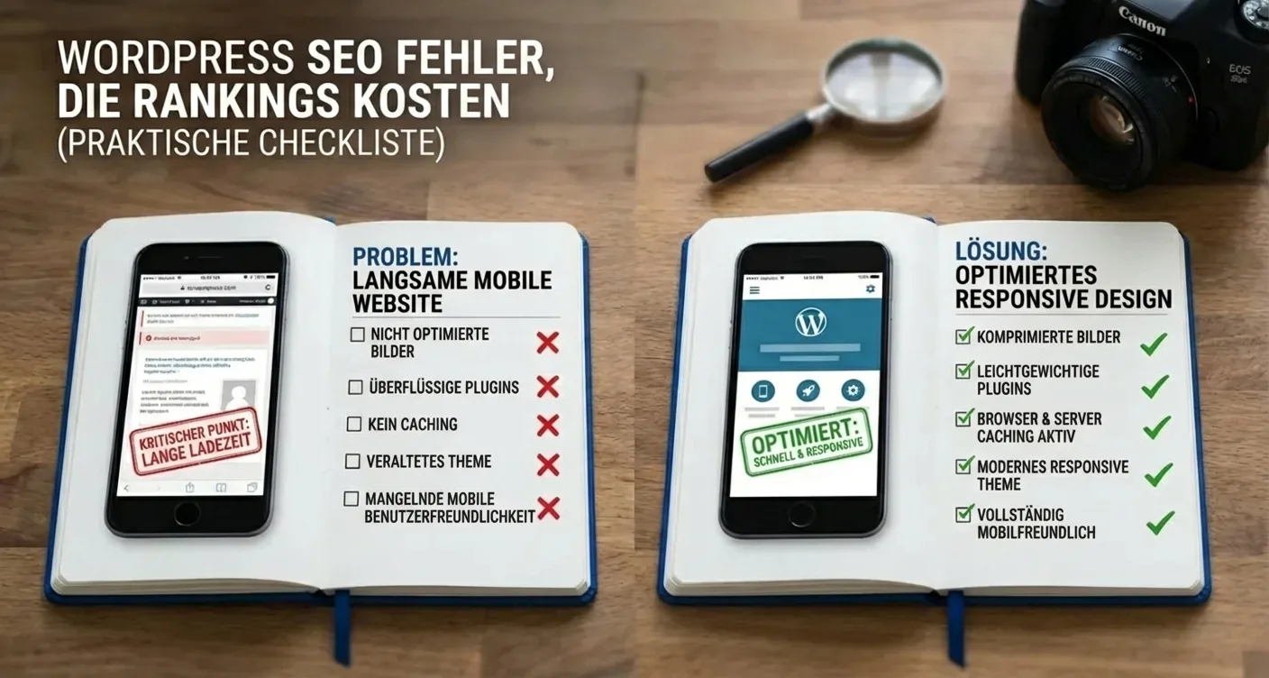 Praktische Checkliste: WordPress SEO Fehler vermeiden, mobile Geschwindigkeit & responsives Design optimieren für bessere Rankings.