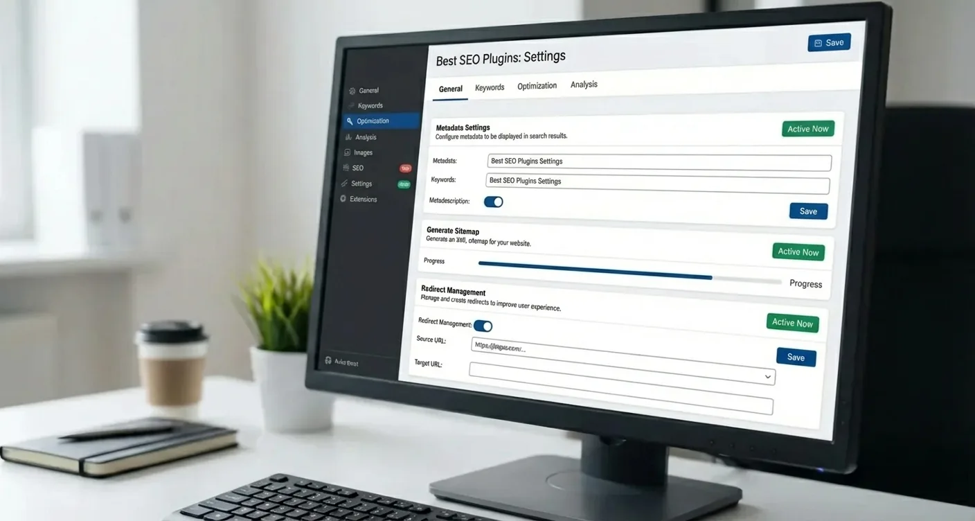 Modern screen displaying advanced WordPress SEO plugin settings dashboard for website optimization.