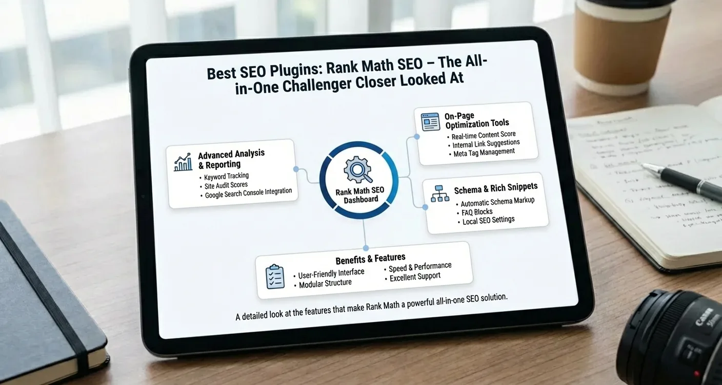 Rank Math SEO plugin features infographic for WordPress. Compare key functionalities and benefits for your site.