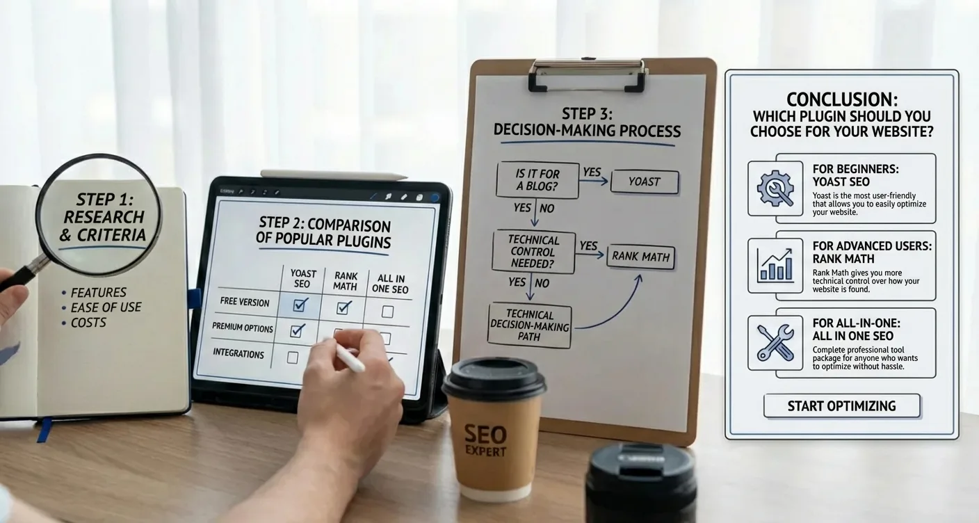Step-by-step guide visualizing the decision process for choosing the best WordPress SEO plugin.
