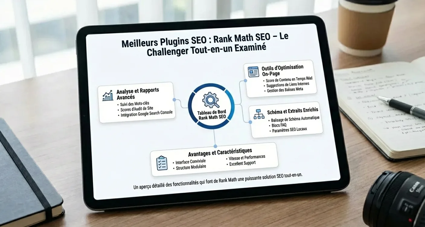 Infographie claire sur les meilleurs plugins SEO de Rank Math pour l'optimisation des sites web.