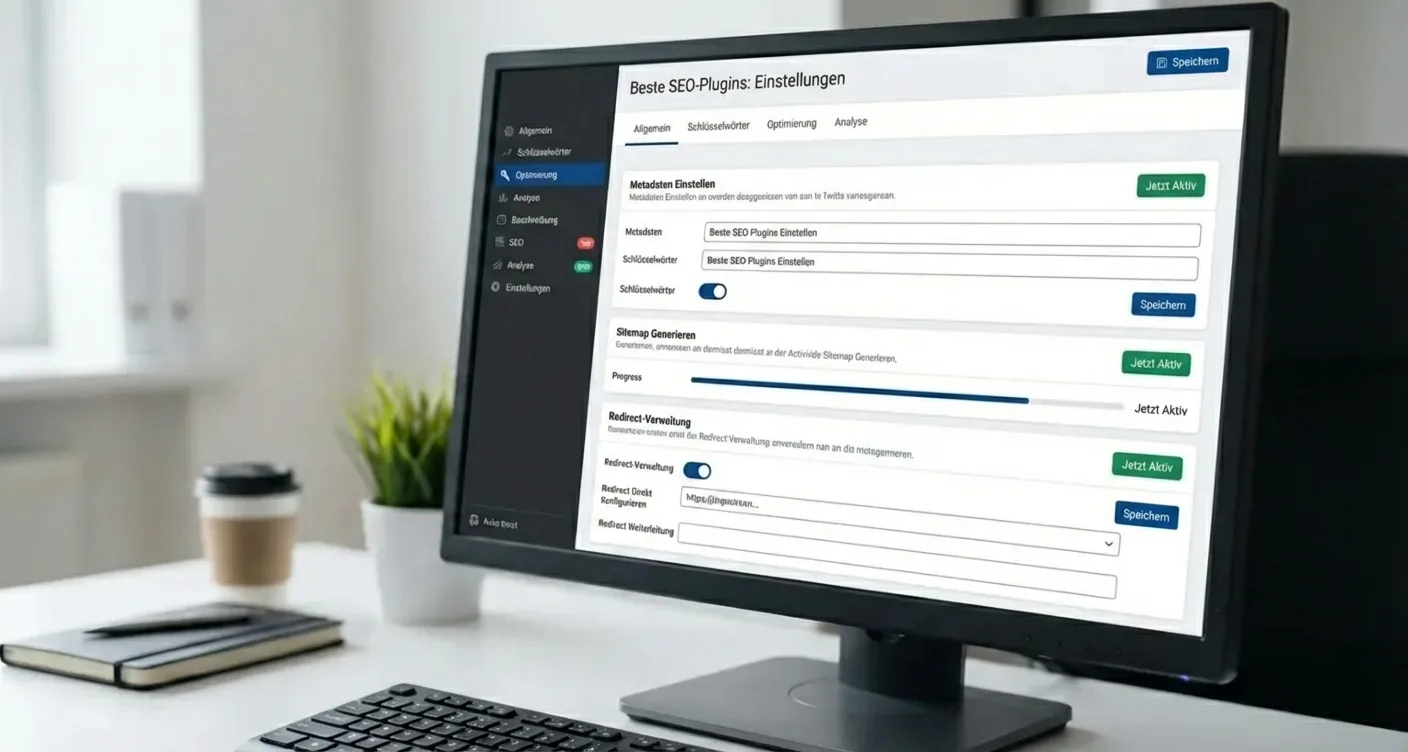 Dashboard mit Einstellungen bester SEO Plugins auf modernem Bildschirm zur Suchmaschinenoptimierung.