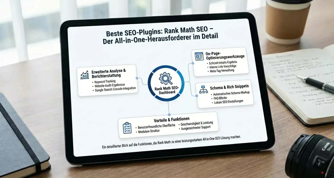 Rank Math SEO: Infografik zu den besten SEO Plugins und dem All-in-One-Herausforderer im Detail.