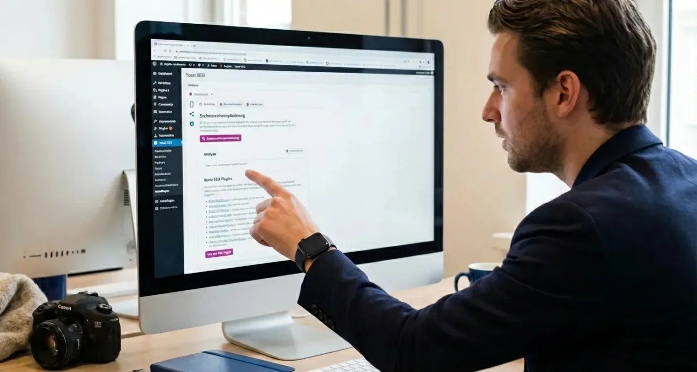 Digital Marketing Experte analysiert Yoast SEO Oberfläche für effektive Website-Optimierung.