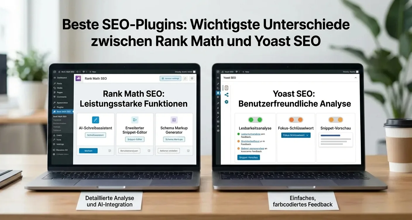 Vergleich der SEO Plugins Rank Math und Yoast SEO: Wichtige Unterschiede der Top-Tools im direkten Überblick.