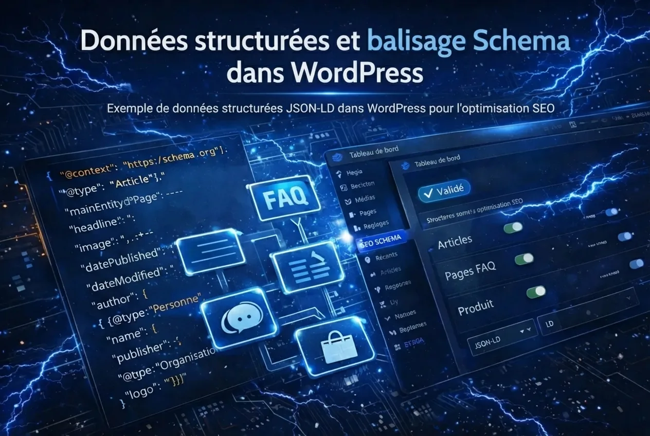 Exemple de données structurées JSON-LD dans WordPress pour l'optimisation SEO d'un article.