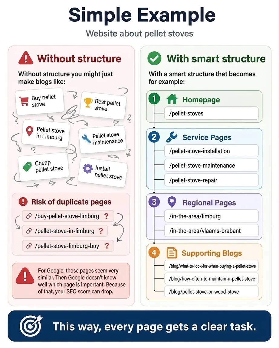 Website structure comparison: disorganized vs. optimized for SEO