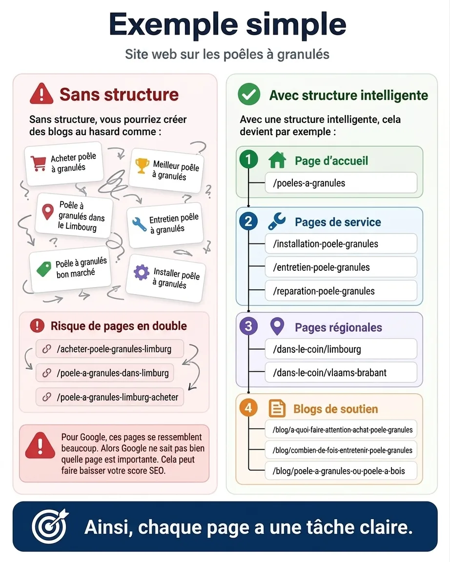 Comparaison visuelle: un site web optimisé et structuré (UX/SEO) face à un site chaotique et désorganisé.