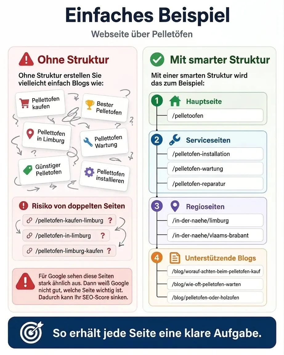 Vergleich chaotischer und strukturierter Webseiten für bessere SEO-Rankings und Nutzerfreundlichkeit.