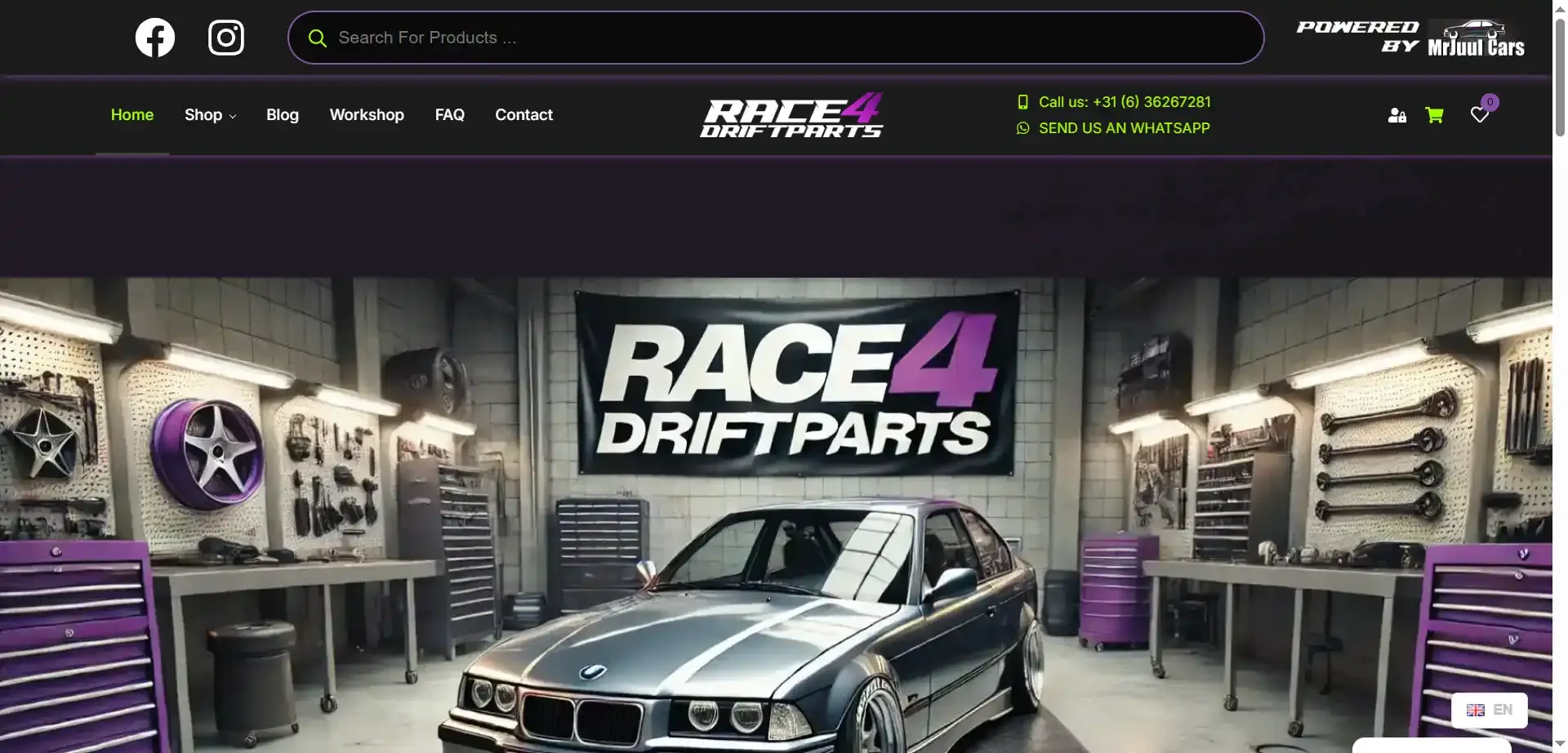 De website van Race 4 Drift Parts, van boven tot onder