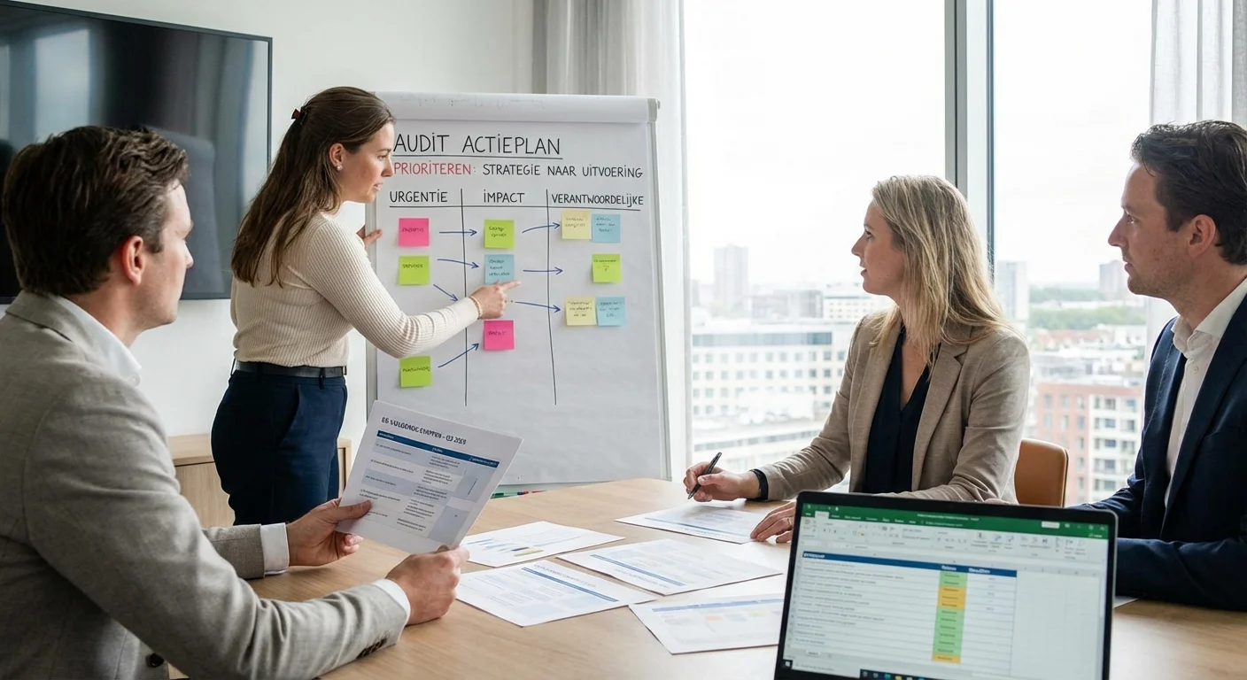 Team dat een audit actieplan prioriteren bespreekt bij van strategie naar uitvoering: de volgende stappen