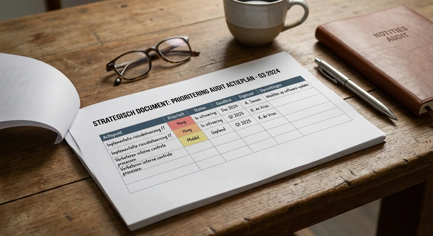 Strategisch document over audit actieplan prioriteren op een houten bureau