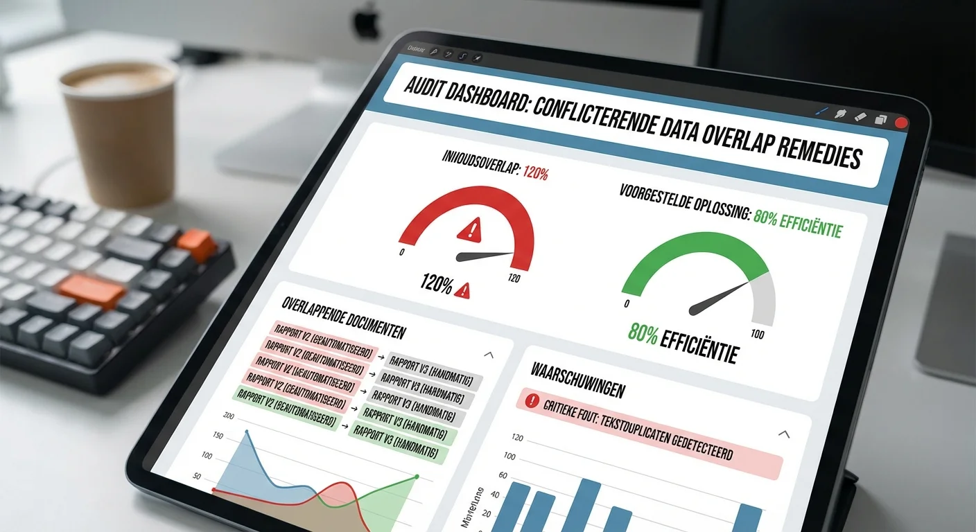 Digitaal dashboard dat conflicterende datapunten toont tijdens een audit content overlap remedies, zakelijke sfeer