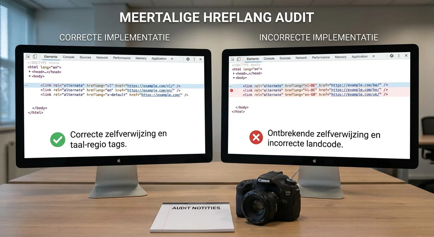 Comparative view, side-by-side layout van een audit meertalig technisch waarbij de correcte en incorrecte hreflang-implementatie naast elkaar worden getoond