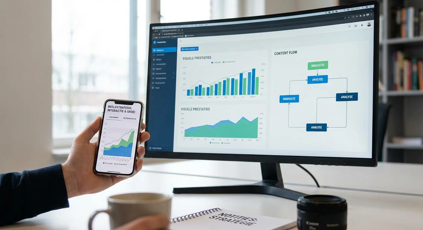 Beeldstrategie: featured image + ondersteunende visuals (realistisch) die de interactie tussen een smartphone en een desktop scherm toont met heldere grafieken