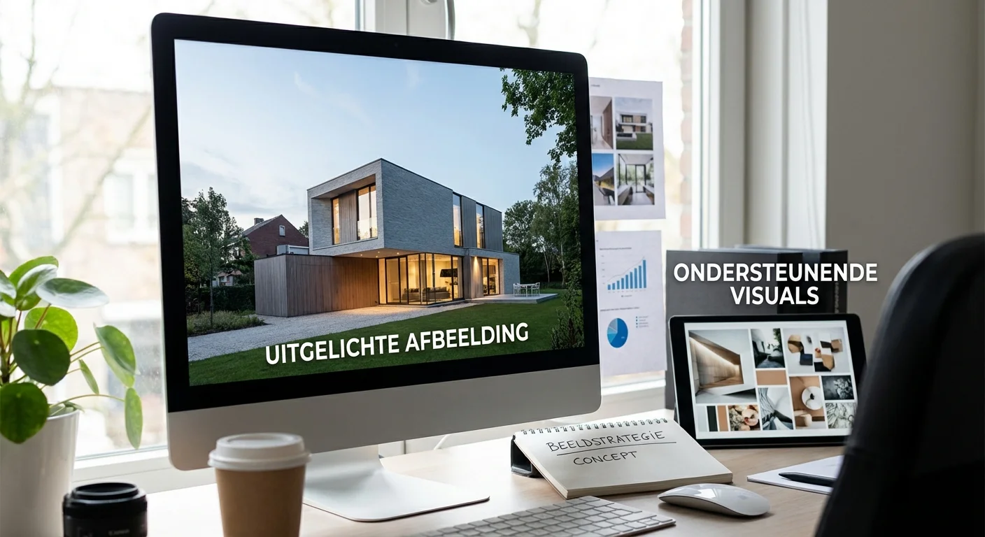 Professionele werkplek die de Beeldstrategie: featured image + ondersteunende visuals (realistisch) illustreert, met een focus op een kwalitatieve uitgelichte afbeelding op een scherm