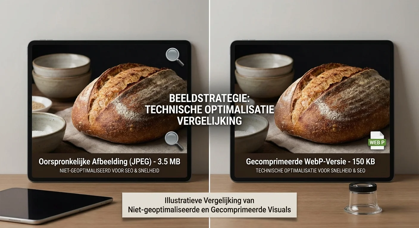 Comparative view, side-by-side layout van Beeldstrategie: featured image + ondersteunende visuals (realistisch) waarbij een niet-geoptimaliseerde foto wordt vergeleken met een gecomprimeerde WebP-versie voor technische optimalisatie van afbeeldingen voor seo en snelheid