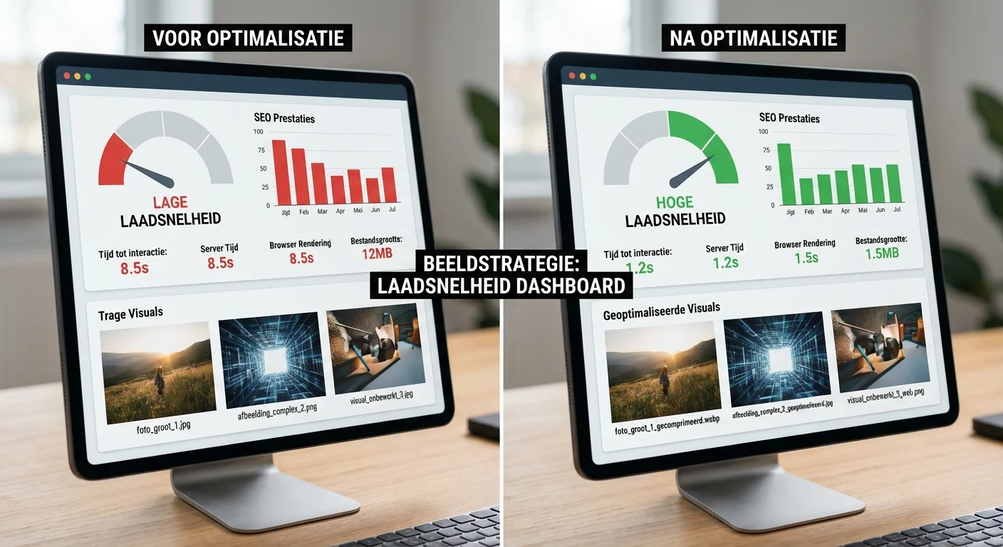 Comparative view, side-by-side layout van een Beeldstrategie: featured image + ondersteunende visuals (realistisch) dashboard dat de laadsnelheid toont voor en na technische optimalisatie van afbeeldingen voor seo en snelheid