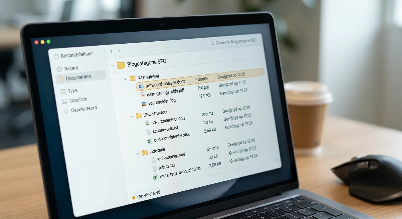 Digitale mappenstructuur die Blogcategorie SEO: naamgeving, URL-structuur en indexatie visualiseert op een modern computerscherm