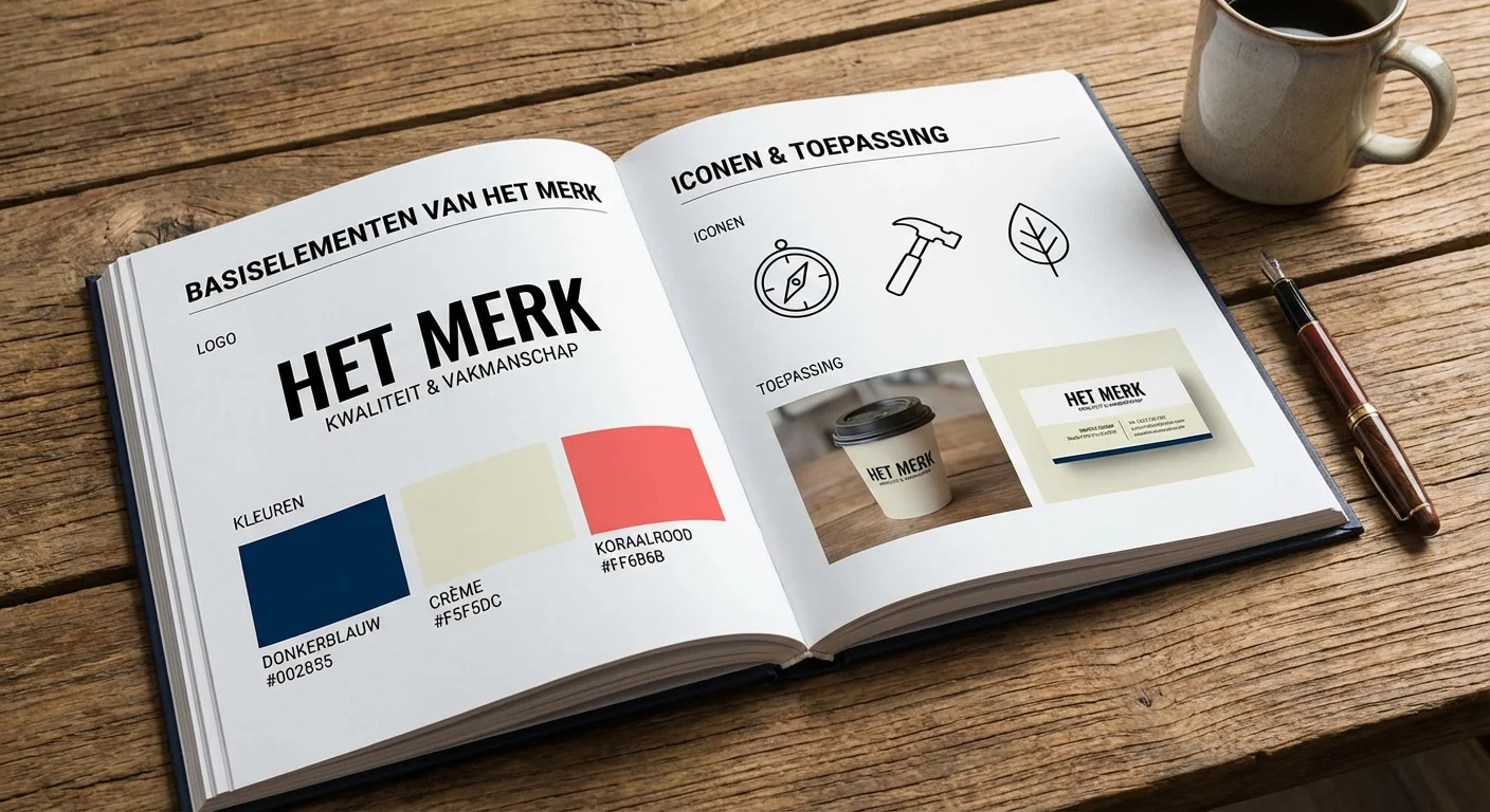 Stijlgids die de Brand kit basics: logo, kleuren, iconen en toepassing weergeeft op een houten tafel