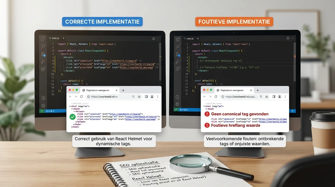 Comparative view, side-by-side layout van een correcte versus een foutieve implementatie van Canonical & hreflang in een React app: zo doe je het correct bij veelvoorkomende fouten bij canonical tags in single page apps