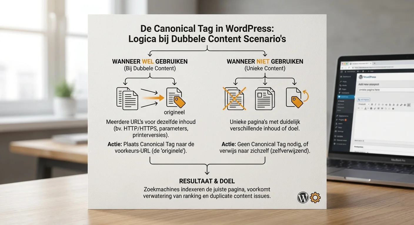 Logica uitlegt van de Canonical tag in WordPress: wanneer wel, wanneer niet bij duplicate content scenario's