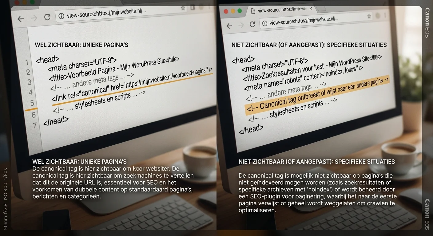 Broncode van een website met de Canonical tag in WordPress: wanneer wel, wanneer niet zichtbaar in de header sectie