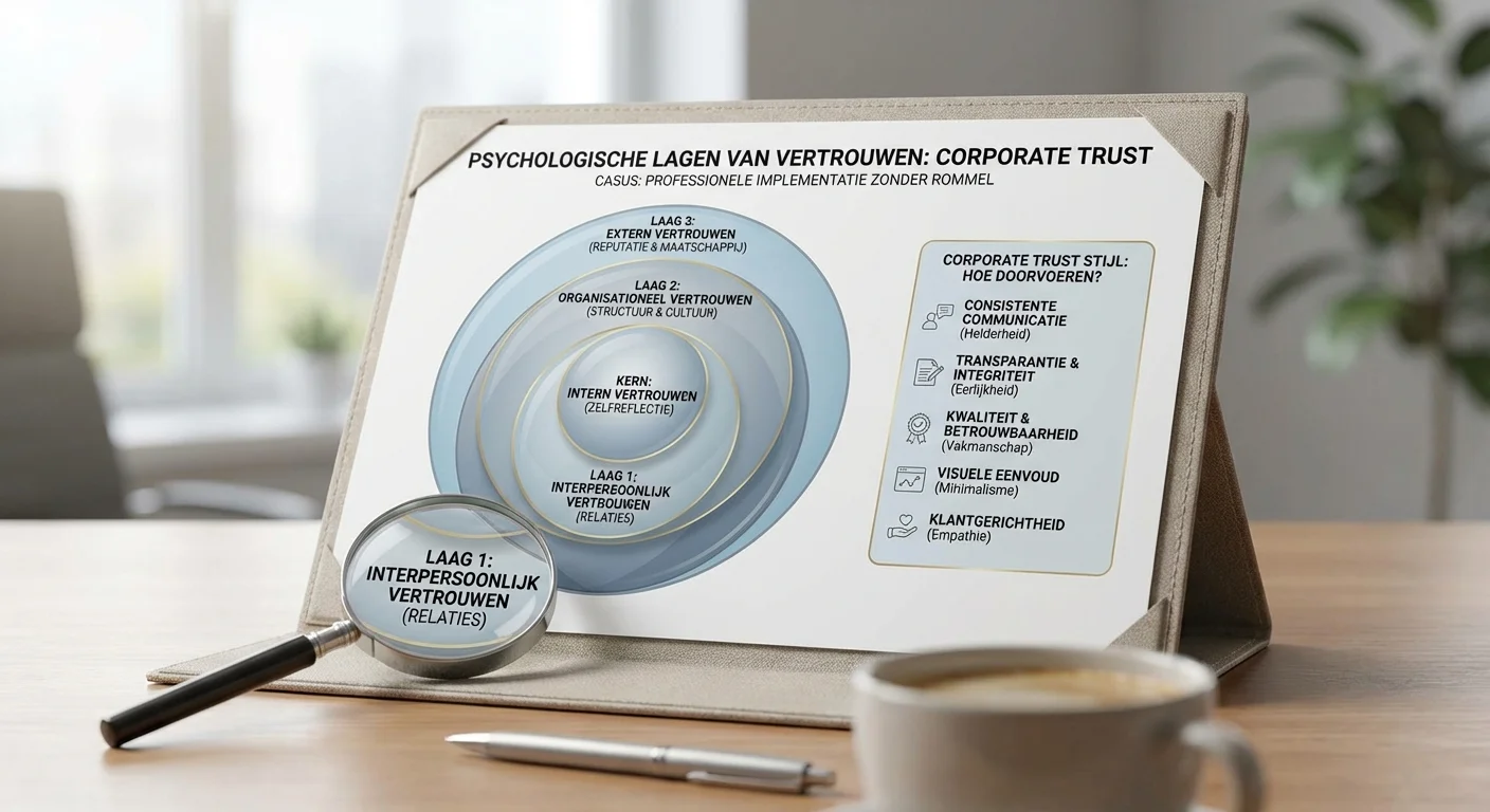 Psychologische lagen van vertrouwen visualiseert, met focus op de Case: 'Corporate Trust' stijl - hoe je dat doorvoert zonder rommel voor een