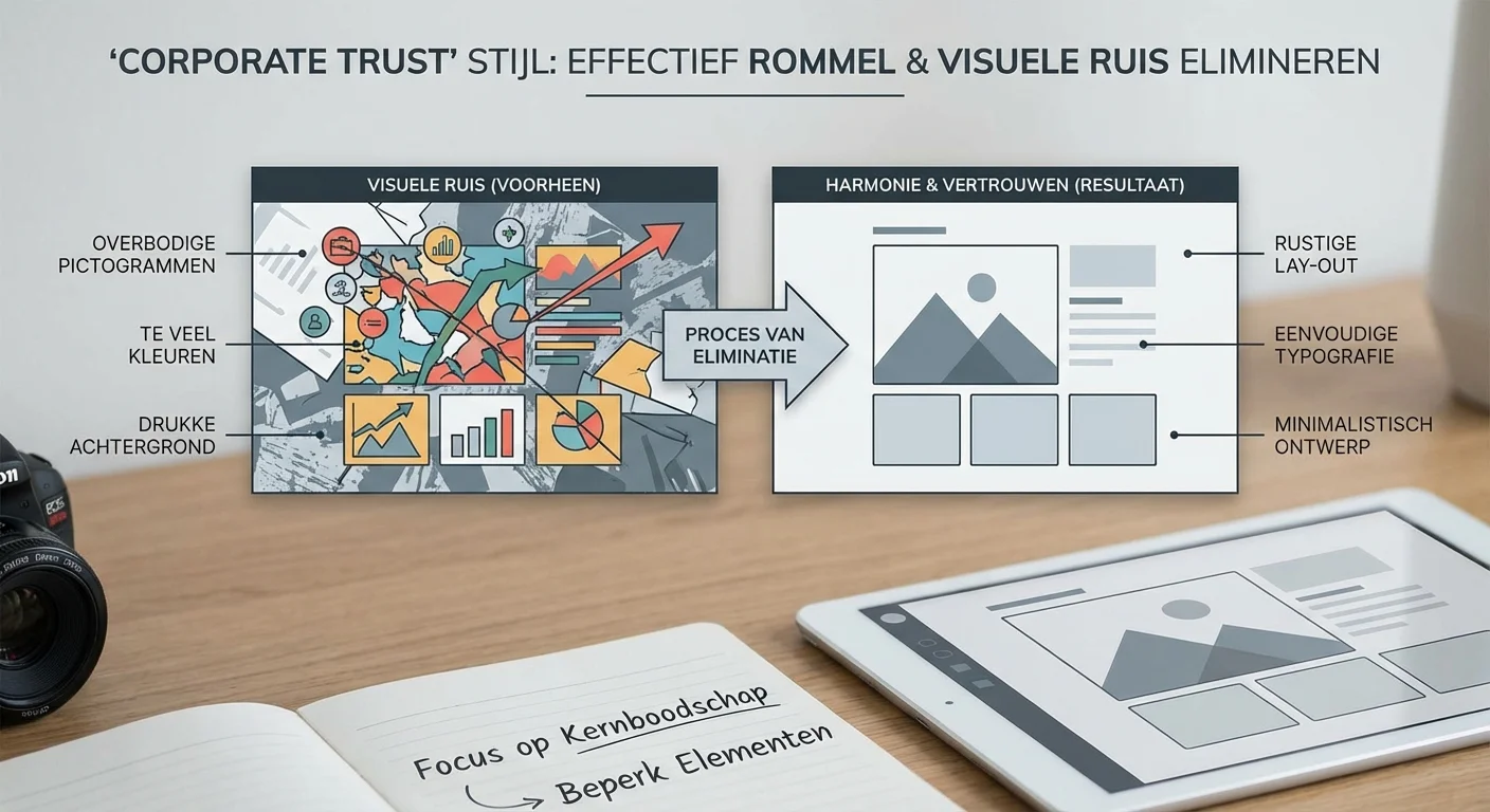 Diagram or infographic style, clear and informative of Case: 'Corporate Trust' stijl - hoe je dat doorvoert zonder rommel