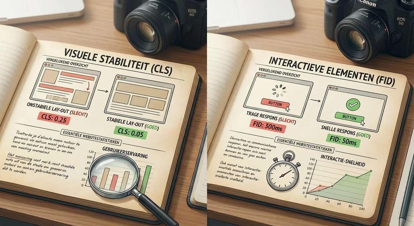 Comparative view, side-by-side layout van core web vitals content die visuele stabiliteit en interactieve elementen toont