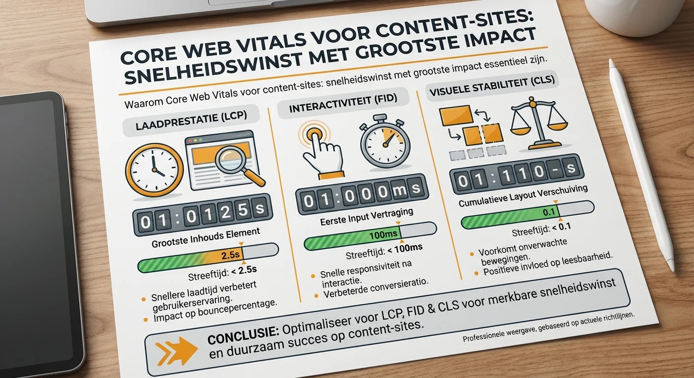 Diagram or infographic style, clear and informative of Core Web Vitals voor content-sites: snelheidswinst met grootste impact