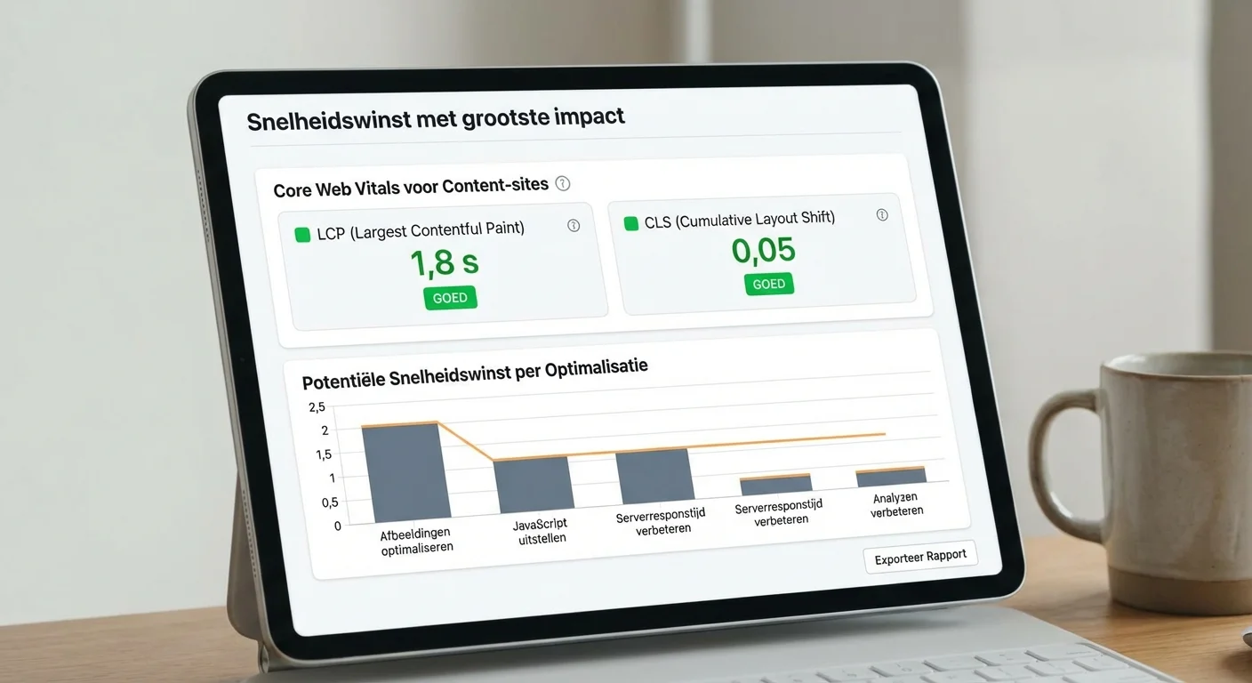 Analytisch dashboard dat de Core Web Vitals voor content-sites: snelheidswinst met grootste impact weergeeft met groene scores voor LCP en CLS