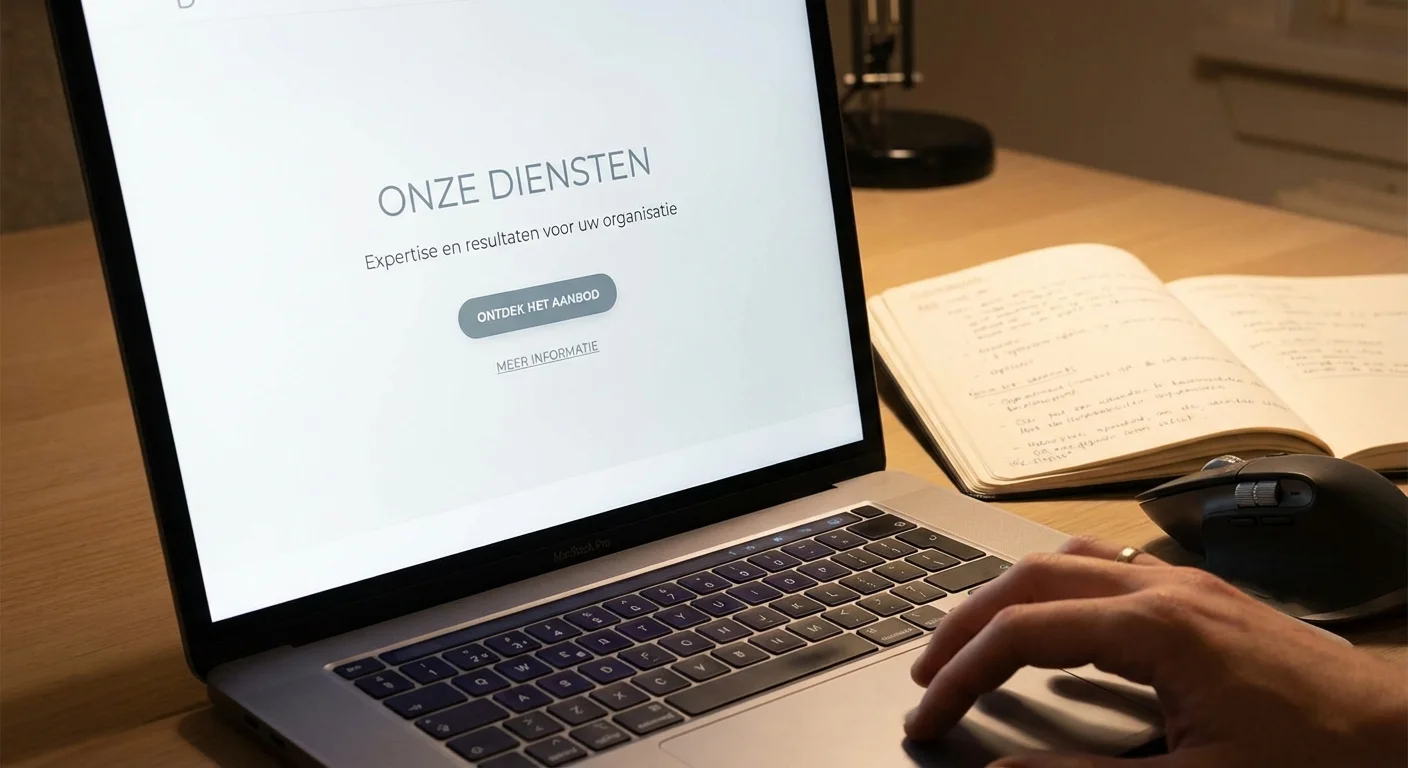Minimalistische website interface met CTA's die niet schreeuwen maar wel werken, een rustige lay-out die professionaliteit en autoriteit uitstraalt