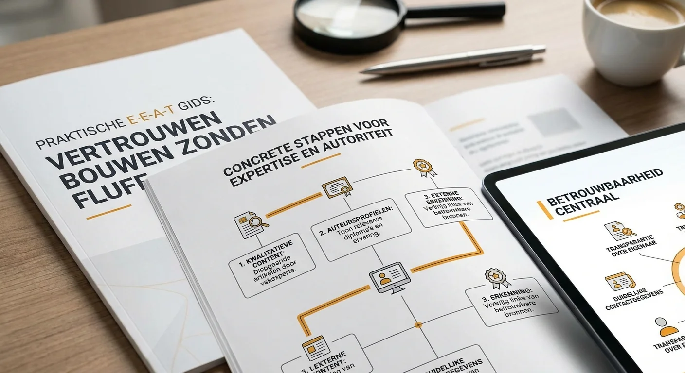 Diagram of infographic stijl, helder en informatief over E-E-A-T praktisch: vertrouwen bouwen zonder fluff bij concrete stappen voor het aantonen van expertise en autoriteit
