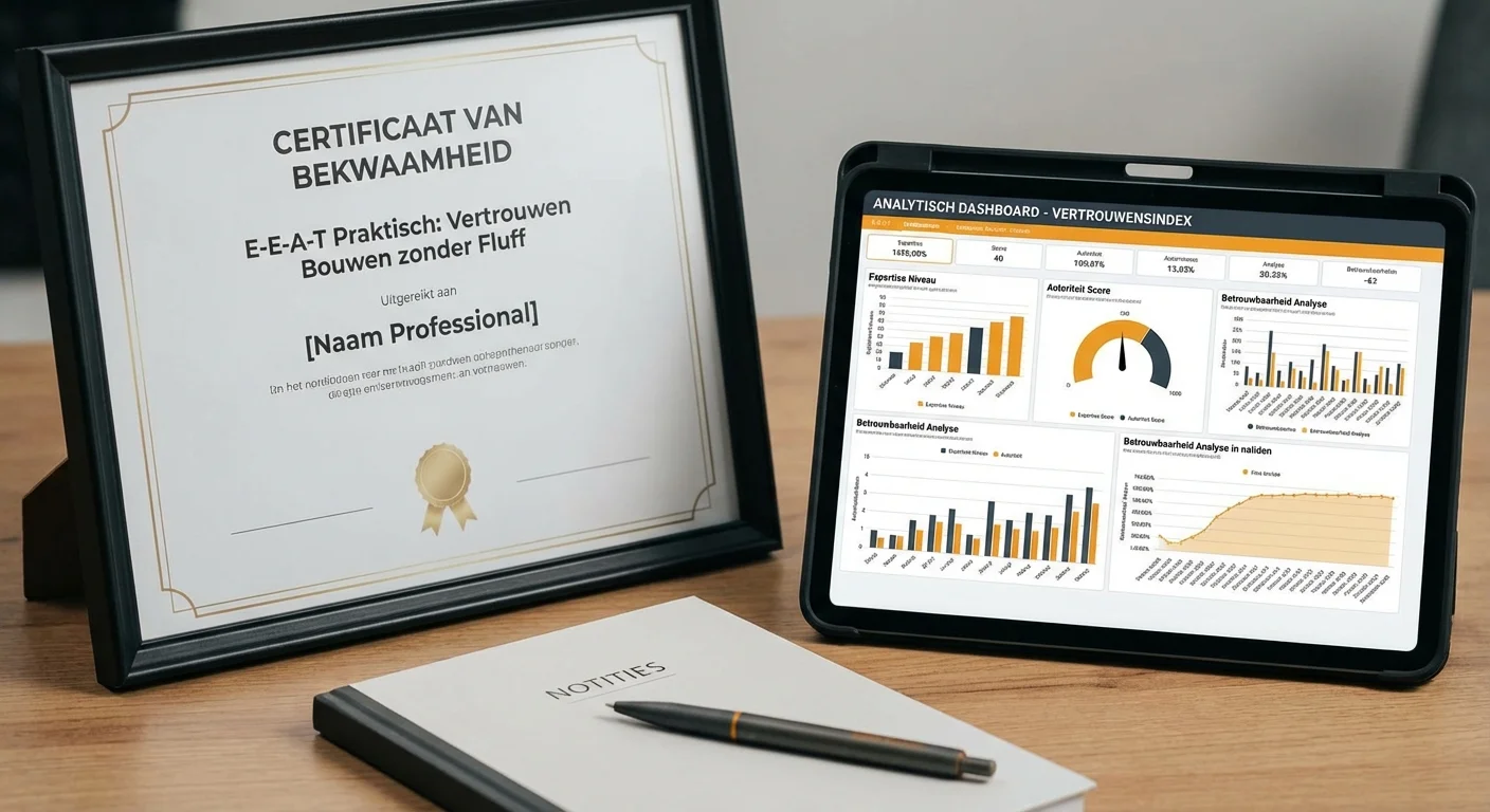 E-E-A-T praktisch: vertrouwen bouwen zonder fluff bij een professionele werkplek met focus op een certificaat en een analytisch dashboard