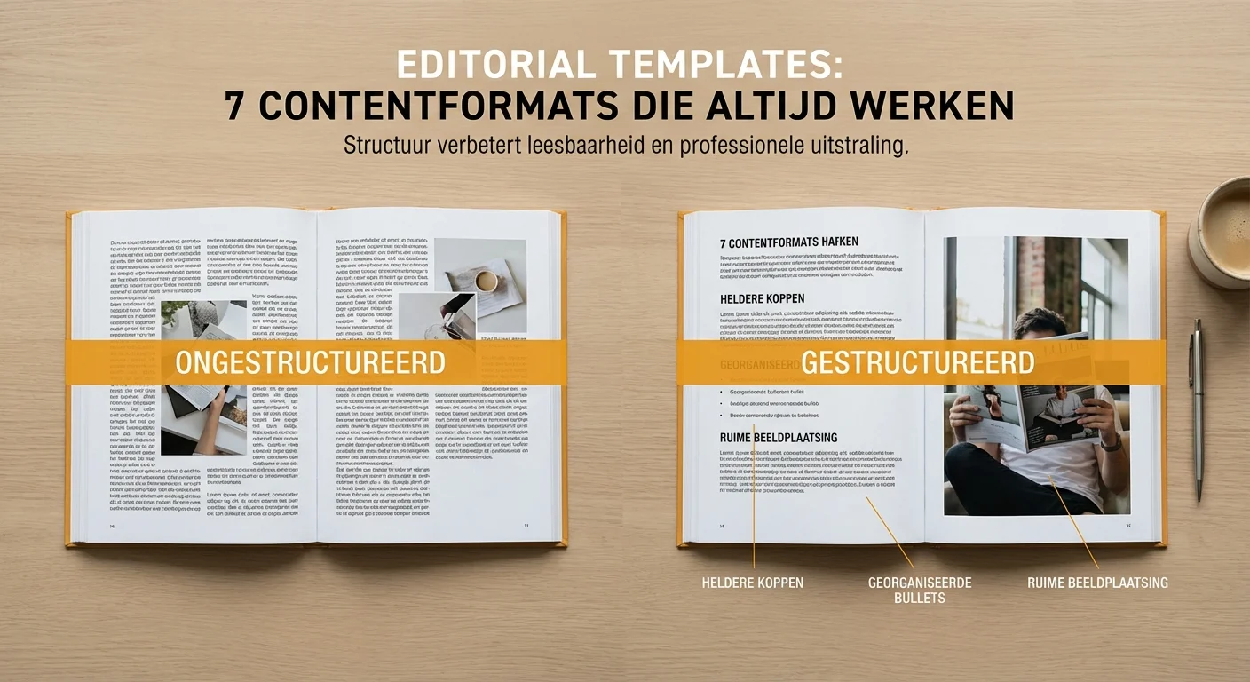 Comparative view, side-by-side layout van Editorial templates: 7 contentformats die altijd werken die laten zien hoe structuur de leesbaarheid verbetert