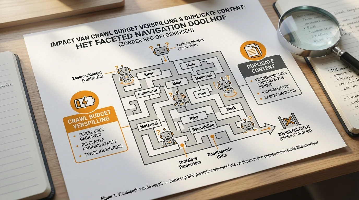 Een gedetailleerd diagram in infographic stijl dat de negatieve impact van crawl budget verspilling en duplicate content visualiseert binnen een Faceted navigation (filters) zonder SEO-rampen scenario, waarbij zoekmachinebots vastlopen in een doolhof van filters