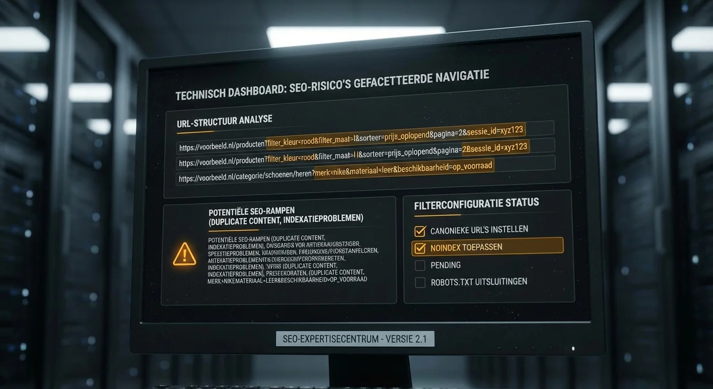 Technisch dashboard dat de gevaren van Faceted navigation (filters) zonder SEO-rampen visualiseert via complexe URL-structuren