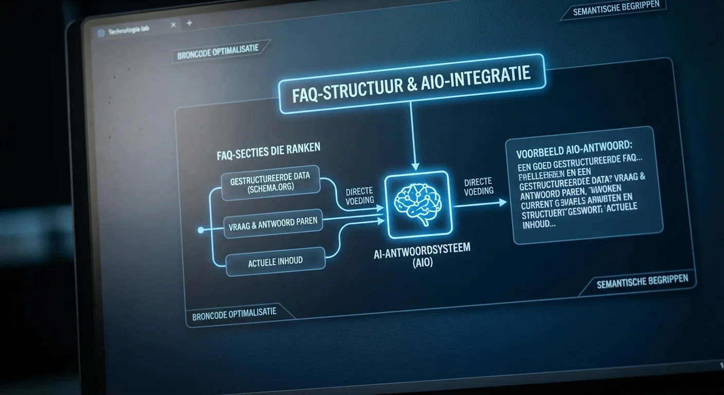 Grafische interface die de structuur van FAQ-secties die ranken &eacute;n AI-antwoorden voeden (AIO) visualiseert in een AI-omgeving, moderne technologische stijl