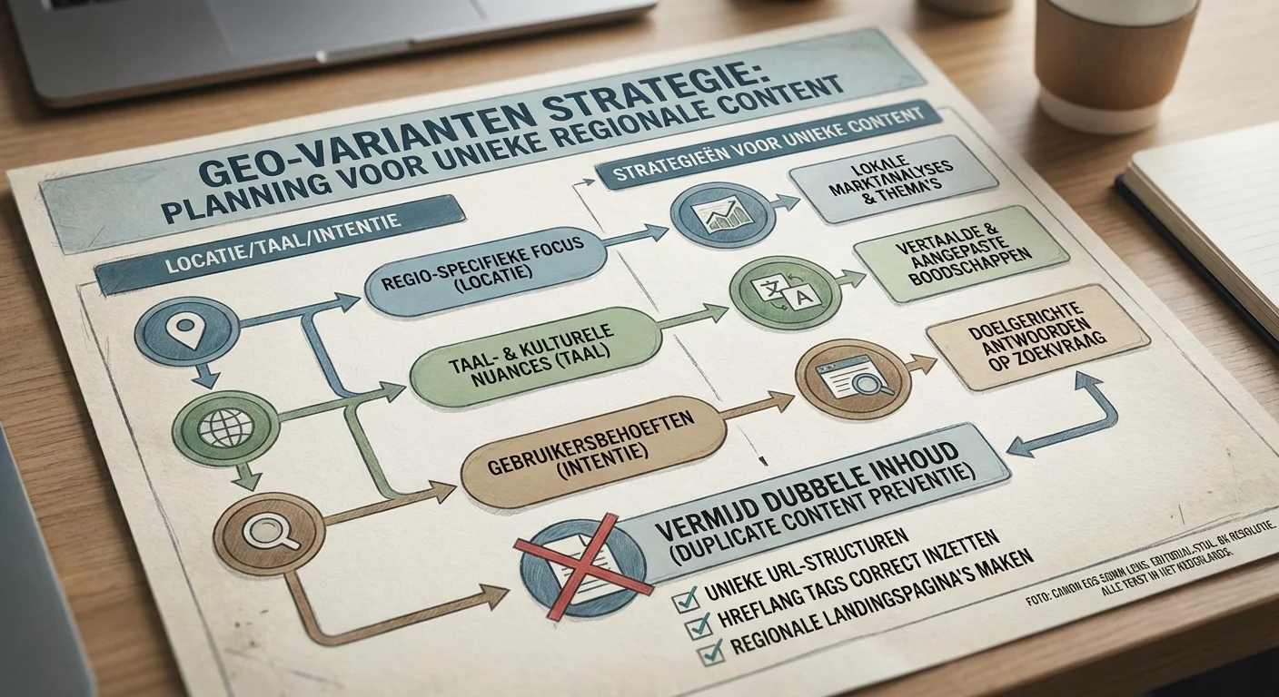 Diagram of infographic stijl, helder en informatief over GEO-varianten plannen (locatie/taal/intent): zonder duplicate content bij strategie&euml;n voor unieke content per regio en gebruikersintentie