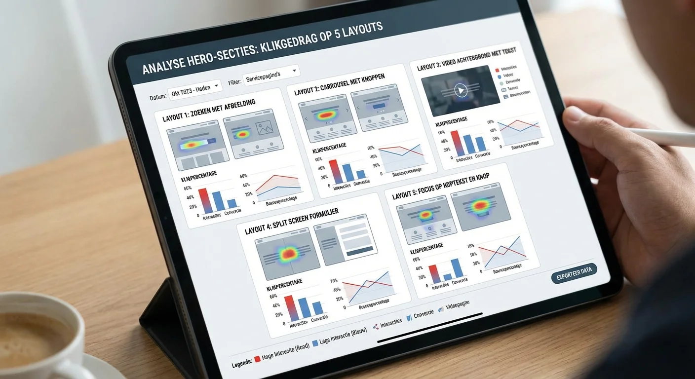 Analytisch dashboard dat de interactie op Hero-secties voor servicepagina's: 5 bewezen layouts weergeeft, met focus op klikgedrag