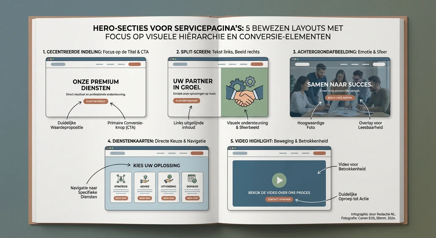 Diagram or infographic style, clear and informative of Hero-secties voor servicepagina's: 5 bewezen layouts met focus op visuele hi&euml;rarchie en conversie-elementen