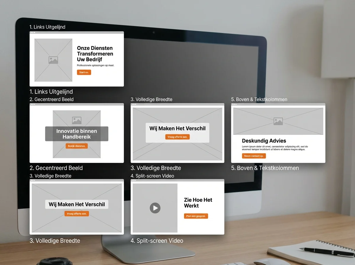 Hero-secties voor servicepagina's: 5 bewezen layouts met een duidelijke call-to-action knop en krachtige koptekst