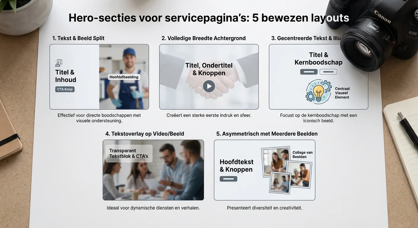 Diagram or infographic style, clear and informative of Hero-secties voor servicepagina's: 5 bewezen layouts met een overzicht van de vijf verschillende structuurmodellen