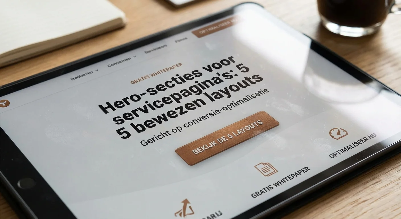 Modern webdesign ontwerp met de tekst Hero-secties voor servicepagina's: 5 bewezen layouts, gericht op conversie-optimalisatie elementen zoals knoppen en koppen