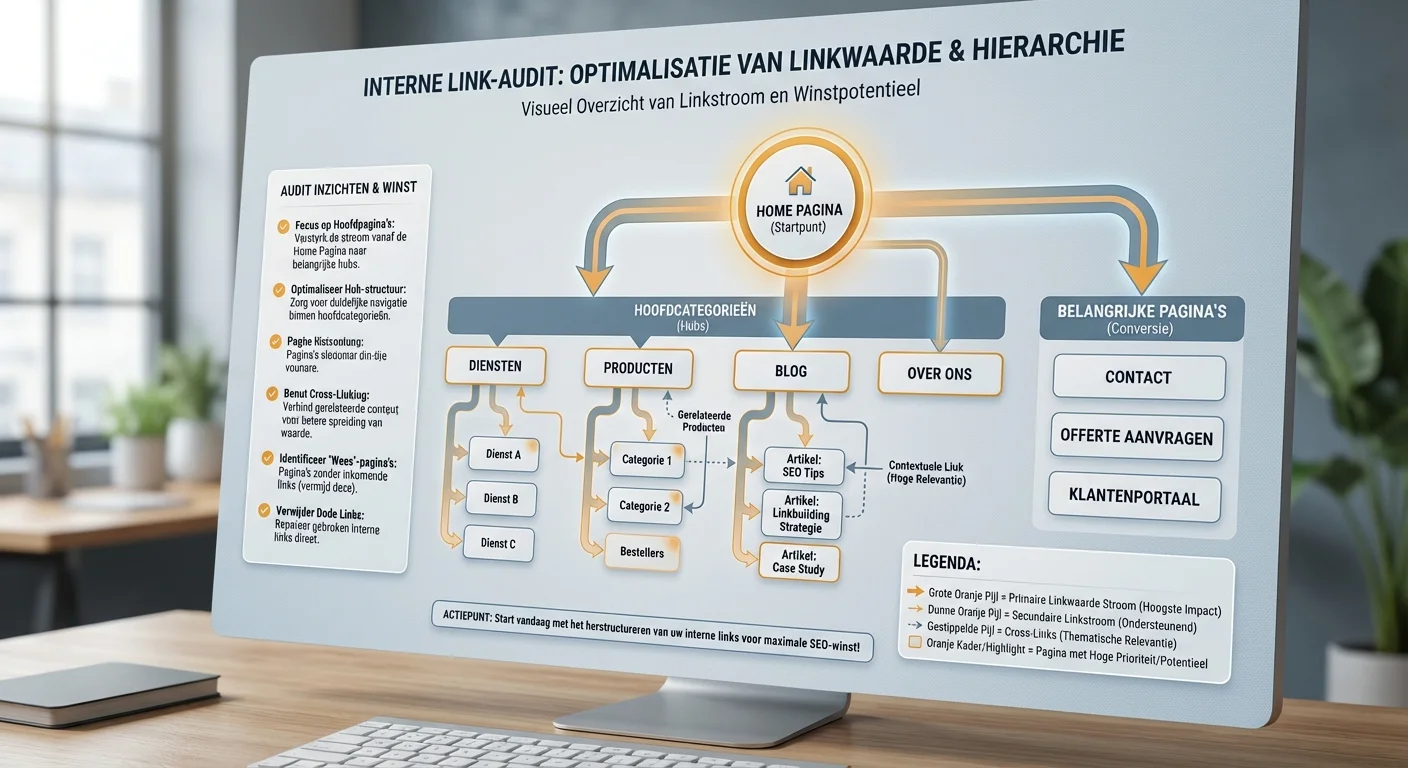Hi&euml;rarchie van een website toont voor een Interne link-audit: welke links geven de meeste winst?, met pijlen die de stroom van linkwaarde tussen hoofdpagina's en subpagina's visualiseren