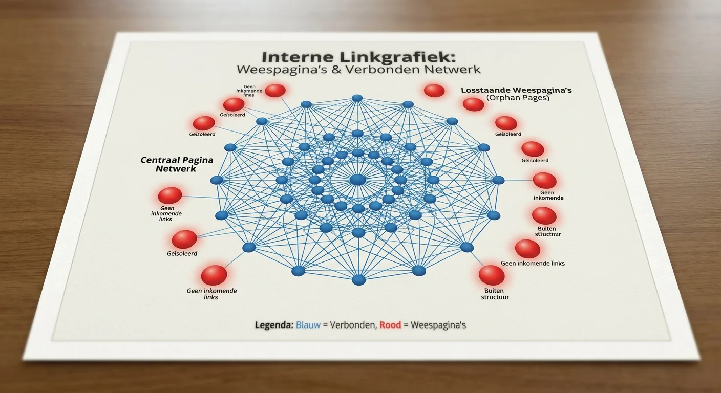 Een gedetailleerd diagram in infographic-stijl dat een interne linkgrafiek orphan pages toont, waarbij losstaande rode bollen de weespagina's markeren buiten het centrale web van verbonden blauwe pagina's, professioneel en informatief ontwerp