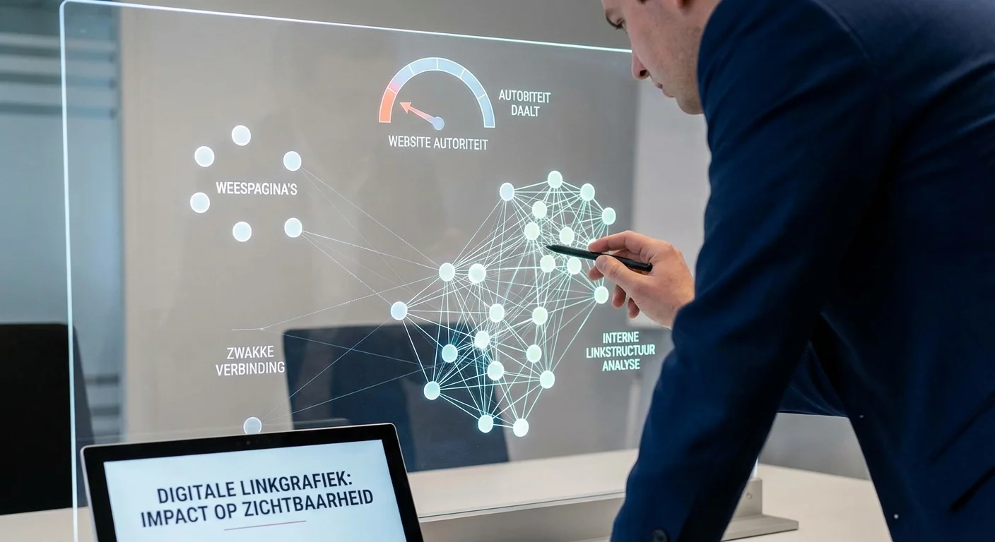 A professional, dynamic, and realistic visualization of a digital internal link graph, illustrating how weak connections dilute website authority.